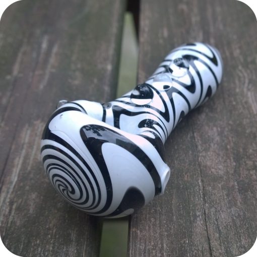 Black and white wig wag glass pipe with clear beads down the chamber