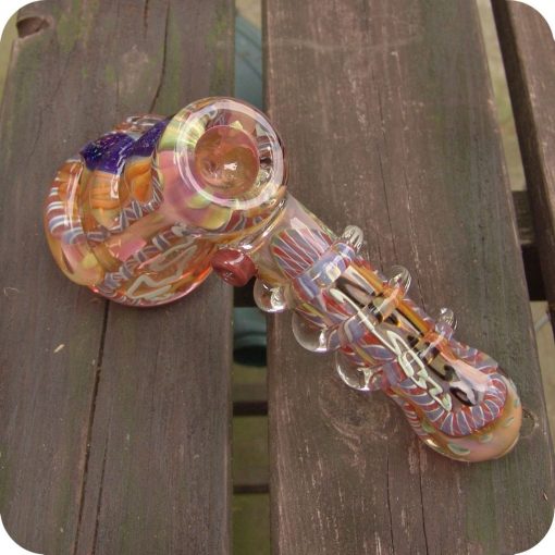 Hammer style glass bubbler with gold fuming, inside out designs, and glass wrapped around the stem