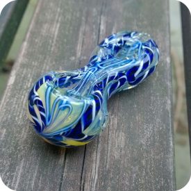 Short silver fumed glass pipe with blue and white inside-out designs and a donut-hole shaped mouthpiece