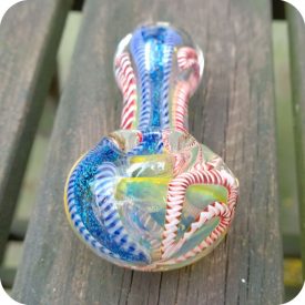 Colorful double blown silver fumed glass smoking pipe with latticino inside out designs and a strip of dichroic glass